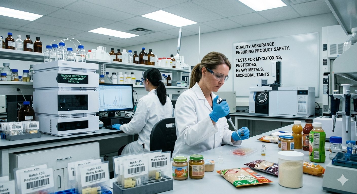 Quality assurance lab testing for contaminants — ensuring product safety through tests for mycotoxins, pesticides, heavy metals, and microbial taints