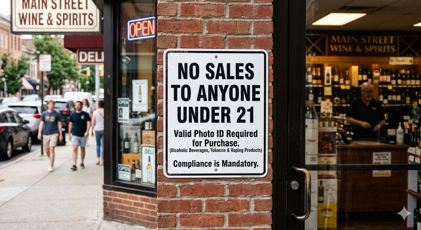 No Sales to Anyone Under 21 sign at a licensed retail store — valid photo ID required for purchase