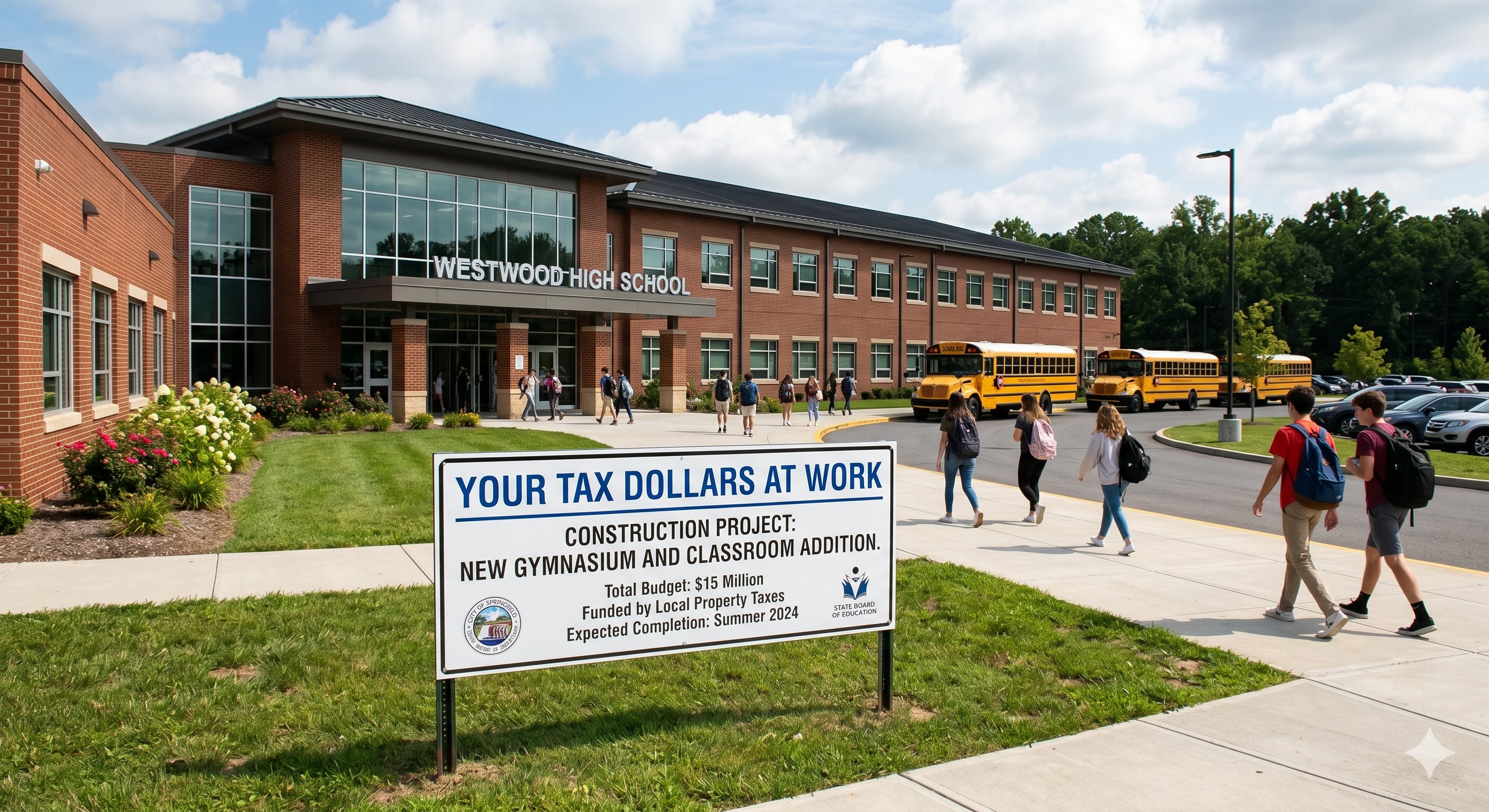Your Tax Dollars at Work sign in front of Westwood High School — new gymnasium and classroom addition funded by local taxes